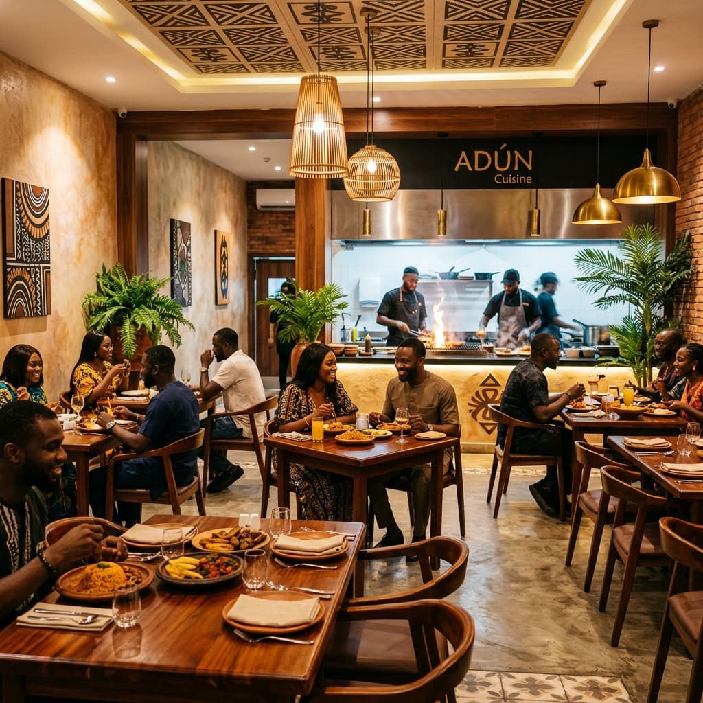 Warm, premium Food Stop restaurant interior
